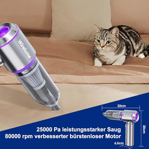 Wirelume Handheld Car Vacuum Cleaner Cordless Powerful 22000Pa Strong Cyclonic Suction Blowing Brushless Motor Portable Rechargable Lightweight for Pet Hair Vehicle Home Purple