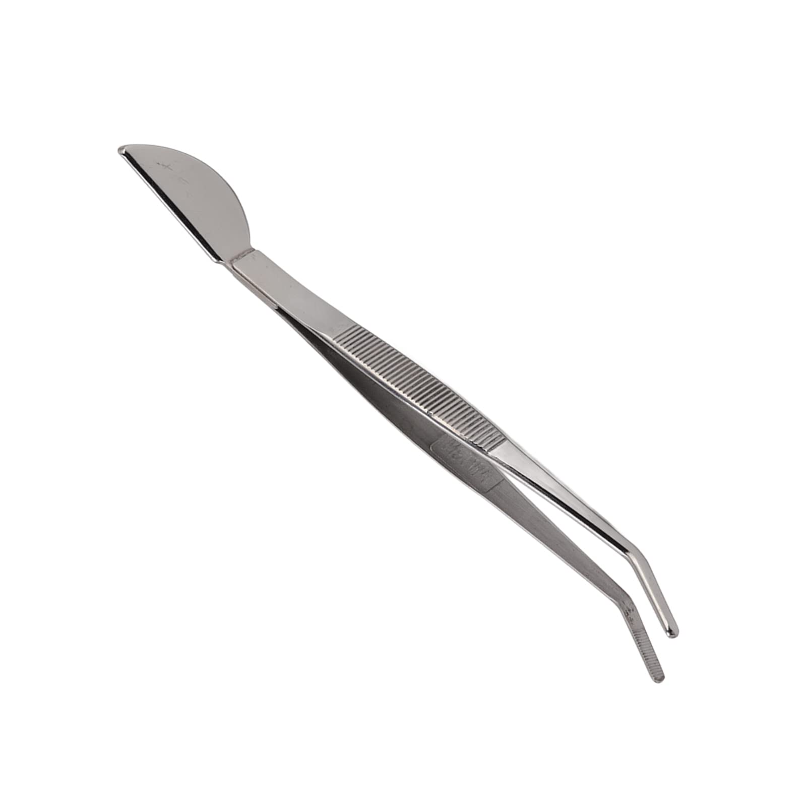 Bonsai Curved Tip Tweezer with Spatula, Stainless Steel Precision Tweezer with Long Comfortable Ridged Handle for Potted Loosening Smoothing Soil Planing Grass