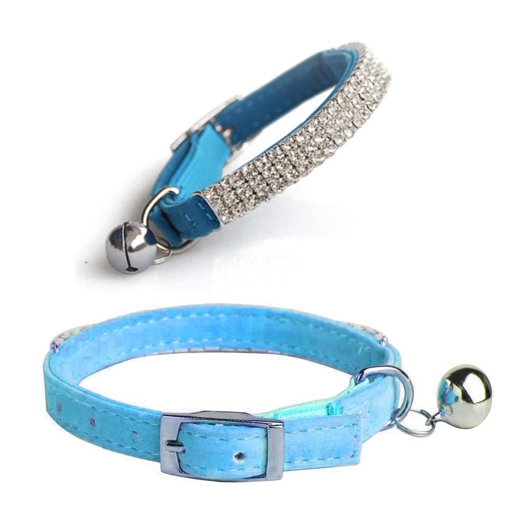 Yitaocity Adjustable Soft Velvet Safe Cat Collar Bling Diamante Pet Collars with Bells for Cats, Small Dogs, Kitty Girls (Blue)