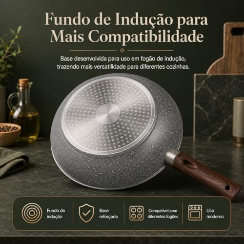 Frigideira Wok Antiaderente Revestimento Cerâmico 28cm 4,3 Litros Alumínio 2.3mm com Tampa Vidro Fundo indução, Cabo Baquelite Antitérmico (Granito)