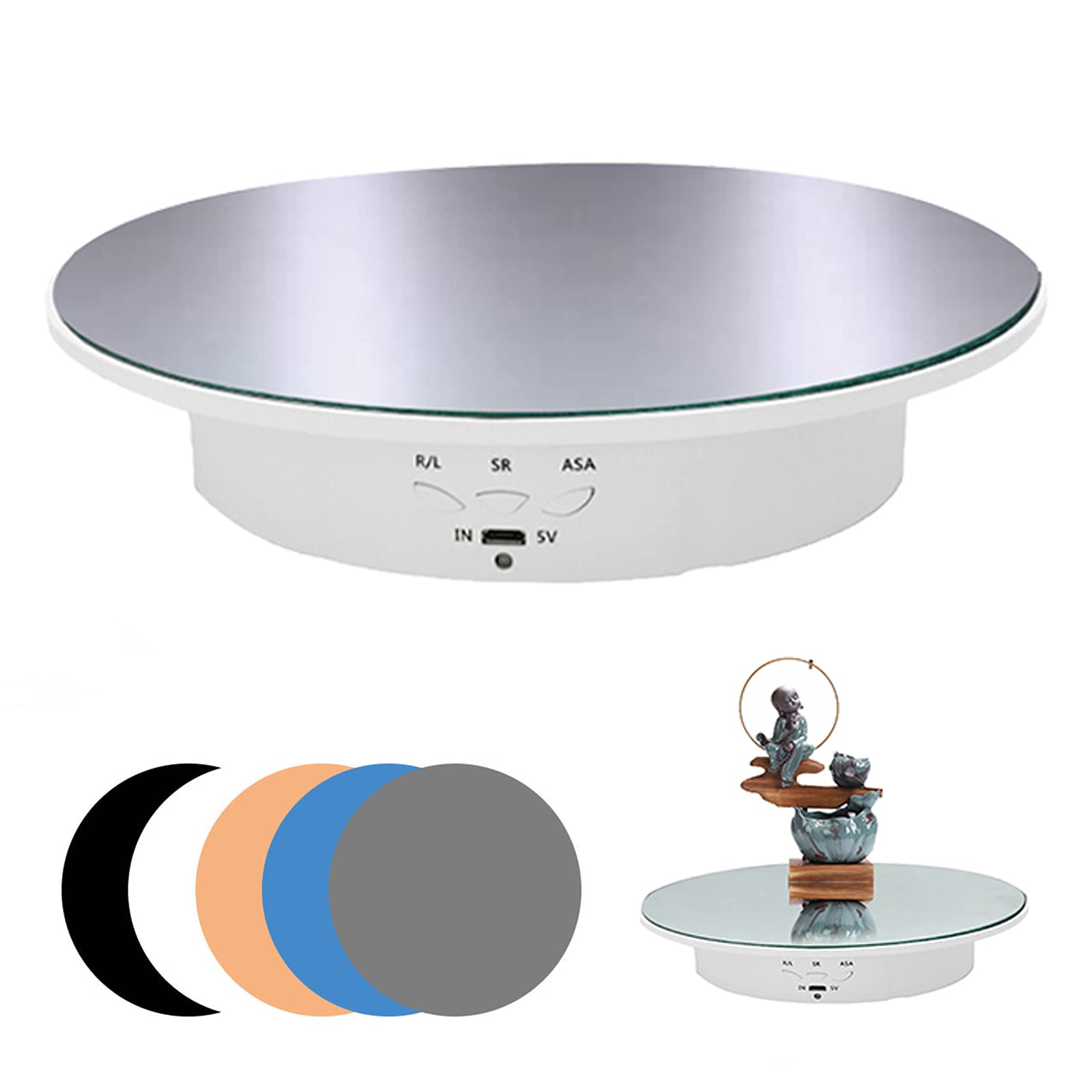 Motorized Turntable Display Stand, 7.87 Inch Rotating Turntable Electric Turntable Rotating Cake Stand Rotating Base Electric Rotating Display Stand with 5 PVC Backgrounds 17.6 lb Load (White Mirror)