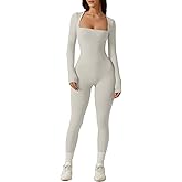 QINSEN Womens Sexy Square Neck Long Sleeve Full Length Leggings Bodycon Stretch Jumpsuit
