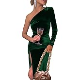 YMDUCH Women's Sexy Elegant One Shoulder Long Sleeve Velvet Ruched Slit Party Long Dress