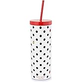 kate spade new york Acrylic Tumbler with Lid and Straw, 24 oz Tumbler, Slim Double Wall Tumbler (Ladybug Dot)