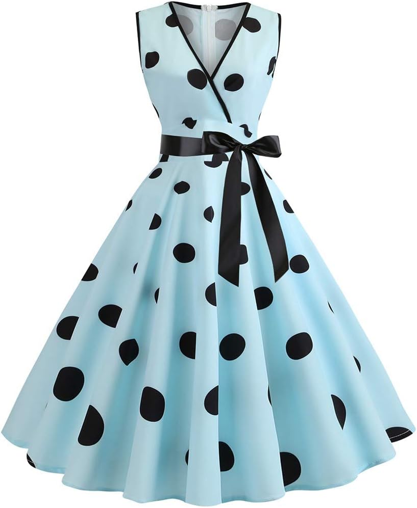 Celucke Newest Arrivals! Women Casual 1950s Vintage Retro Dress, Sleeveless V-Neck Dot Printing Party Prom Swing Dresses