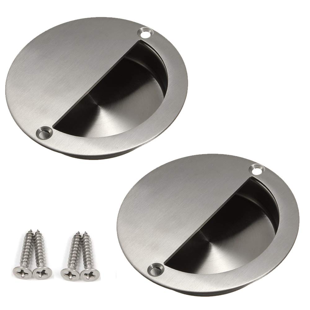 Bestgle 2 Packs Recessed Sliding Door Pull Handles, 90mm Stainless Steel Round Flush Finger Cabinet Pull Handles with Fixing Screws