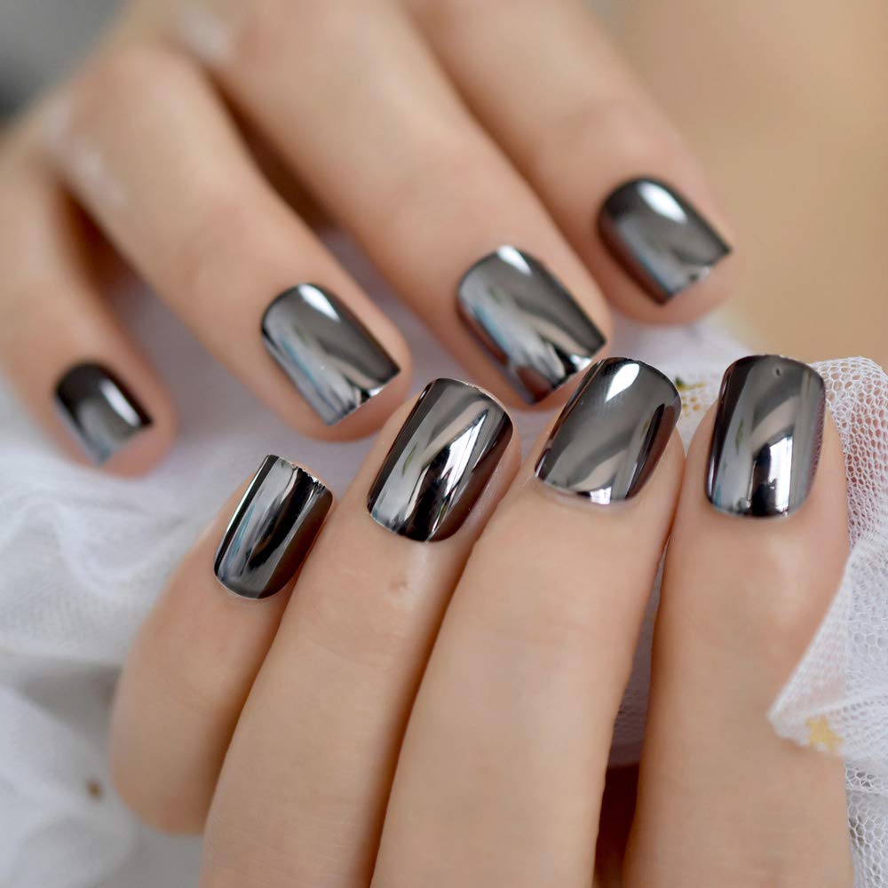 Coolnail Dark Smoky Gray Reflective Mirror Metal Plating False French Acrylic Nail Tips Punk Metallic Square Fake Nails With Glue Sticker - Image 3