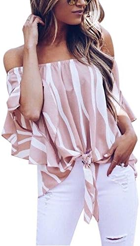 LASOR Women's Off The Shoulder Striped 3/4 Bell Sleeve Chiffon T-Shirt Tie Front Knot Blouse Tops