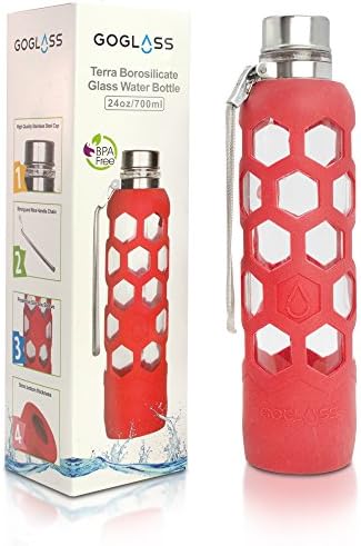 Insane Sale! GoGlass Terra Borosilicate Glass Water Bottle With Silicone Sleeve 24oz, No Plastic, Modern Large Drinking Reusable Travel Bottles (Red)