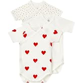 Petit Bateau BABIES' HEART PRINT WRAPOVER S/S BODYSUITS - PACK OF 3 SIZES 1-12 MONTHS