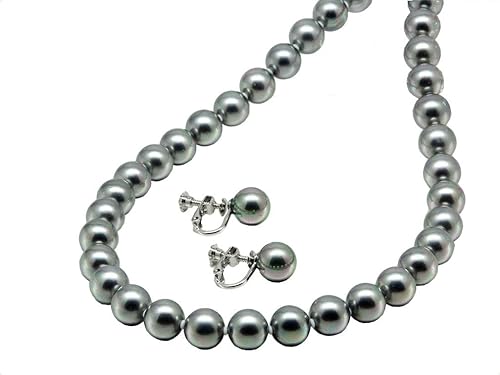 Amazon まつよ 花珠貝パール パールネックレス イヤリングセット グレー 灰色 黒真珠 9mm 50cm 冠婚葬祭 フォーマル 葬式 日本製 ネックレス 通販