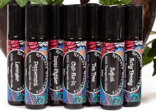 Essential Oil Roll On Set 7 Roll On Oils Immu-Fighter (Comparable to Young Livings Thieves) Adjust(Comparable to Valor) Prediluted Essential Oils Lavender Tea Tree Achy Breaky Chill-Ax-in