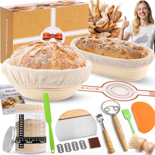 RIZENCE Complete Proofing Basket Sourdough Starter Set, 2 Proofing Baskets (25 cm Ovals & 23 cm Round), 900 ml Sourdough Glass Set, Bread Baking Accessories Kit, Bread Baking Accessories for Beginners, Experienced Bakers
