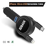 SDBAUX Car Charger, with Micro USB+iPhone 2.3 FT Dual Retractable Cable for iPhone 5 6 7 8 Plus X,Samsung Galaxy S6 S5 Tab 2/3/4 Mini,HDX HTC LG Sony Nokia Huawei Google Nexus10, and 1 USB Adapter