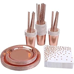 KAHEIGN 146 Piezas Oro Rosa Vajilla De Fiesta Desechable Papel Aluminio Platos Servilletas Tazas Pajitas Para Bodas, Aniversario, Cumpleaños Para 24 Invitados