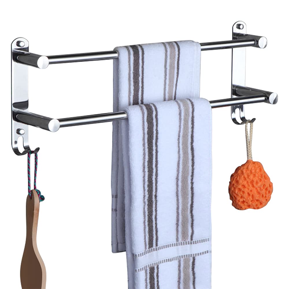 HONPHIER Adjustable Towel Rail 2-Tier Bath Towel Rack SUS 304 Stainless Steel Towel Shelves with Hooks Wall Mounted Towel Holder Towel Bar for Kitchen Bathroom 49-90CM, Chrome