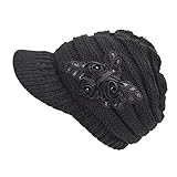Women's Cable Knit Newsboy Visor Cap Hat with Sequined Flower
