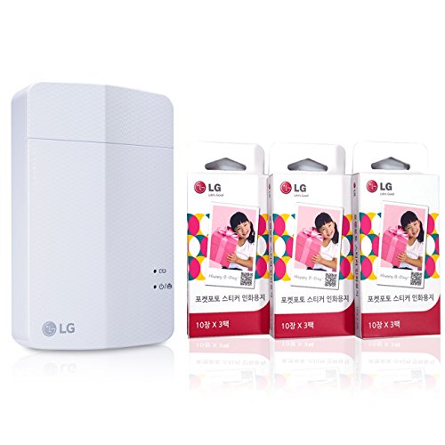 [Printer+Paper SET] New LG Pocket Photo Printer 3 PD251 [White] (Follow-up model of PD241T PD239) + LG Zink Sticker Photo Paper [90 Sheets]