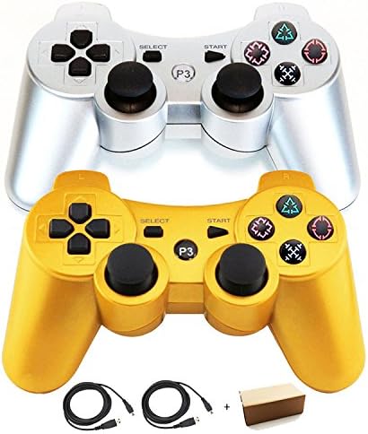 Kolopc 2 Packs Wireless Bluetooth Controller For PS3 Double Shock - Bundled with USB charge cord (Silver and Gold)