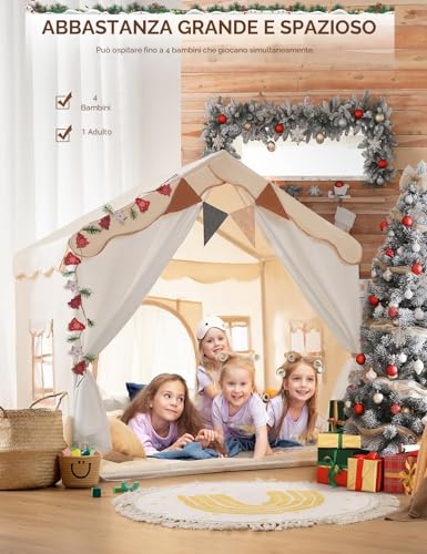 2 in 1 Besrey Kids Play House Tent with 2 Doors and 4 Windows, Play Tent for Children Indoor and Outdoor with Padded Mat, Fairy Lights and Bunting