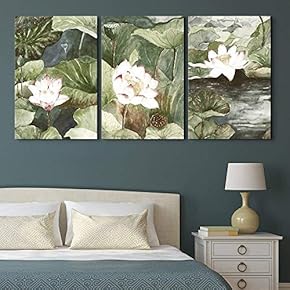 3 Panel Canvas Wall Art - Watercolor Style Lotus Flowers and Leaves - Giclee Print Gallery Wrap Modern Home Art Ready to Hang - 16"x24" x 3 Panels