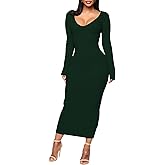 BestGirl Women's Sexy Ribbed Sweater Dresses Bodycon V Neck Off Shoulder Long Sleeve Lightweight Knit Midi Dress