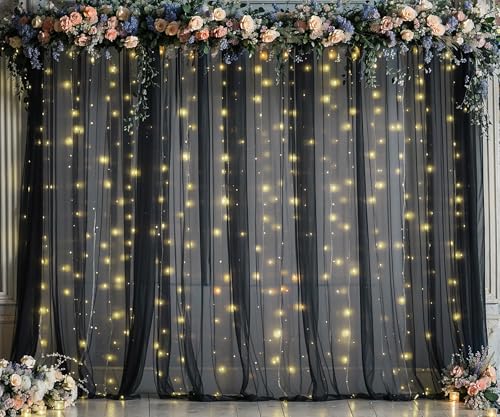 Fotohintergrund aus Tüll, 6 x 3 m, schwarzer Hintergrund mit Lichterkette, für Partys, durchscheinender schwarzer Vorhanghintergrund für Geburtstagspa