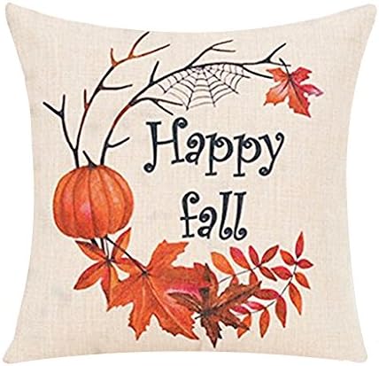 Toplano Pumpkin Maple Leaves Happy Fall Letters Printed Cotton Linen Decorative Throw Pillow Cushion Cover Pillowslip Case 18" X 18" (Pumpkin and Maple Leaves)