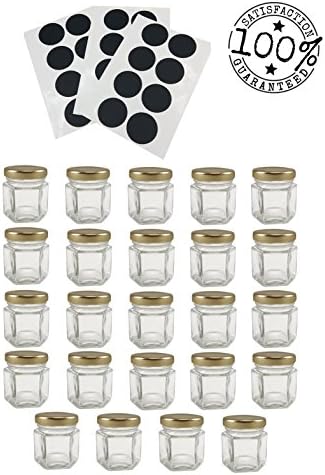 24 Pack Mini Hexagon Glass Jars from Standcasa – 1.5 Ounces Comes with Free Black Labels. Good For Storing Baby Food, Condiments, Spices, Jam, etc. Perfect for Crafting and Wedding /Shower Favors.