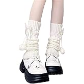 Kajoeiae White Leg Warmers with Bow and Fur Balls, Y2K Rib Knit Boot Socks, Harajuku Cutecore Leg Warmers for Women