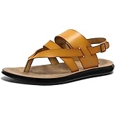 Harssidanzar Mens Leather Sandals,Summer Comfy Outdoor Adjustable Ankle Strap Flat Slip On Sandals For Men's KM218