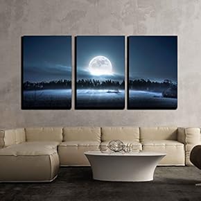 3 Piece Canvas Wall Art - The Moon Rising Over The Forest and Meadow in The Cold and Misty Morning - Modern Home Art Stretched and Framed Ready to Hang - 16"x24"x3 Panels