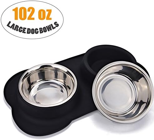 Large Dog Bowl, JISIMI Two 2 x 51 Ounce Stainless Steel Dog Bowls Pet Bowl Feeding Station with Anti-Spill Non-Skid Bone Shape Silicone Mat for Medium to Large Dogs