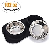 Large Dog Bowl, JISIMI Two 2 x 51 Ounce Stainless Steel Dog Bowls Pet Bowl Feeding Station with Anti-Spill Non-Skid Bone Shape Silicone Mat for Medium to Large Dogs
