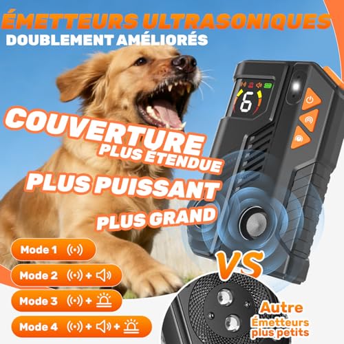 Anti Aboiement Chien Ultrason Puissant AI, 2 Émetteur Ultrason Chien, 6 Sensibilités 3 Intensités, Ultrasons Anti Aboiement Intérieur Extérieur, Solutions Anti-Aboiement Pour Chiens IPX6 Rechargeable