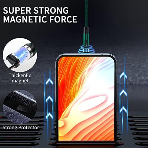 clenye Magnetic Charging Cable, 540° Rotation Magnetic Phone Charger with LED Light 3Pack (10FT/10FT/10FT) 3 in 1 Compatible with Micro USB, Type C and iProduct Device | Blackish Green Nylon-Braided