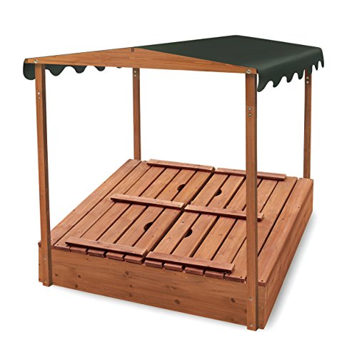 NA Deluxe Covered Convertible Cedar 4' Rectangular Sandbox with Two Bench Seats, Sandbox with Bench