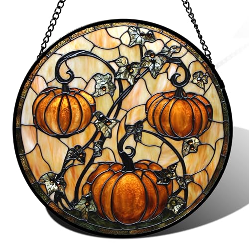 DASTOLL Buntglas-Fenster zum Aufhängen – Halloween-Dekoration, orangefarbener Kürbis, Weinblätter, Sonnenfänger für Tür, Garten, gruselige Sonnenfänge