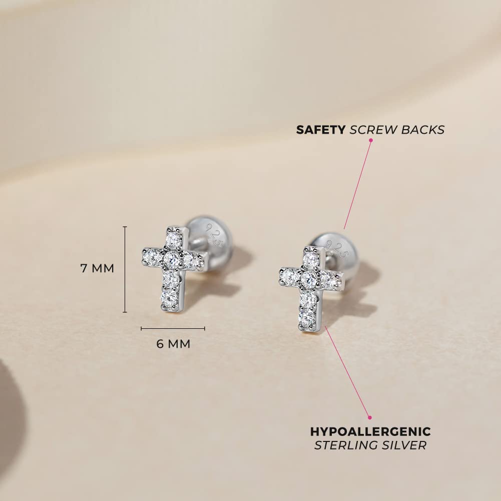 925 Sterling Silver Cubic Zirconia Little Cross Shape Stud Earrings with Safety Screw Back Lock for Toddlers, Little Girls, Pre-Teens & Teens - Christian Jewelry for Sweet & Loving Children