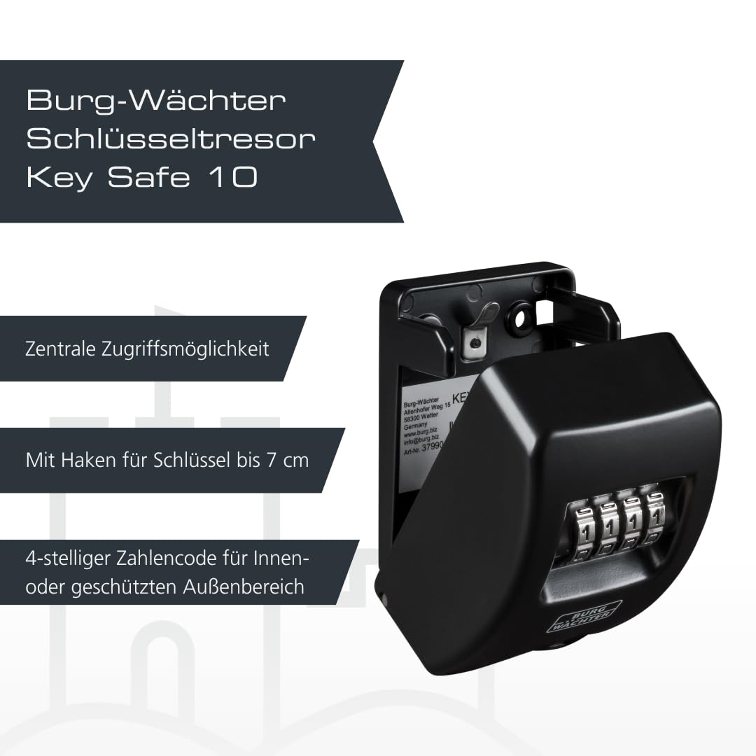 Burg Wächter Schlüsseltresor mit 4-stelligem Zahelncode für außen und innen, Sicher, Wandmontage, Key Safe 10 SB, Schwarz, KeySafe 10, Außen: 85x61x39mm (HxBxT) 2