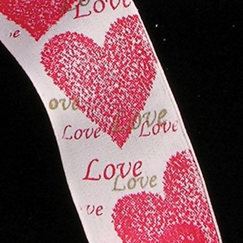 White Taffeta with Red Double Heart Print Wired Craft Ribbon 1.5