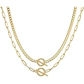 KNOWTODAY Layered Necklaces for Women Trendy 14K Gold Plated Toggle Necklace Cuban Link Chain Paperclip Chain Stack Necklace Jewelry