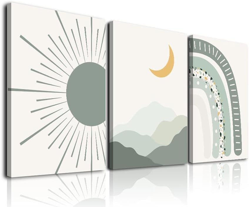 Mixed Media - Sage Green Boho Nursery Wall Art Prints, Cute Sun Mountain Rainbow Boho Nursery Wall Decor for Girls, Kids Room Wall Decor, Green Framed Canvas Wall Art Posters for Kids Room, Baby Room, Classroom, Bedroom Decor (12