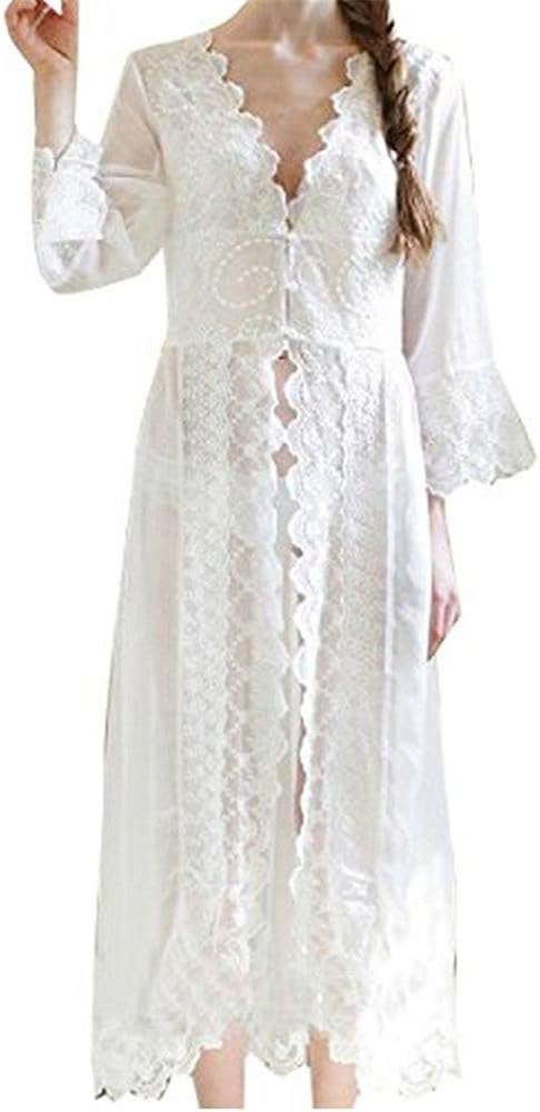 Women Nightgown Chiffon Embroidery Dress Sheer Lace Nightwear Sleepwear Cover up Sexy Robe Pajamas