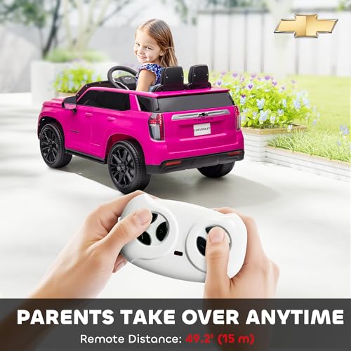 Aosom Licensed Chevrolet Tahoe Kids Ride on Car, 12V 7AH Toddler Electric Car with Parent Remote Control, 3 Speeds, Spring Suspension, LED Light, Horn, Music, Pink