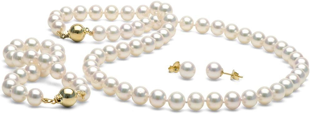 White Akoya Pearl 3-Piece Jewelry Set 7.0-7.5mm - 14K Yellow Gold Ball Clasp High Polish AA Quality