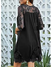 ROSKIKI - Vestido de gasa para mujer, de encaje, con estampado floral, casual, de verano, manga 3 4, asimétrico, elegante, suelto, mini vestidos