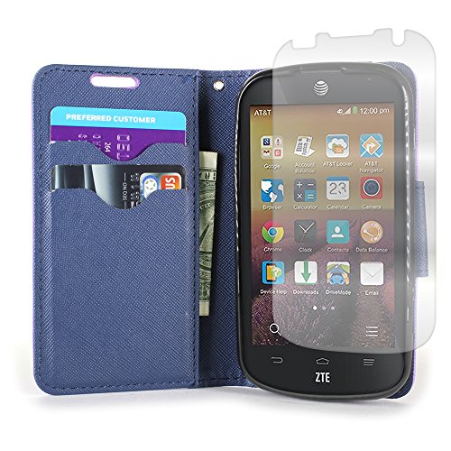 ZTE Compel Z830 Case, Flip Stand Wallet [CoverON CarryAll Pouch] Tough Exterior Design [Features Credit Card ID Slots and Wrist Strap] Phone Cover Case for ZTE Compel Z830 - Purple / Navy Blue