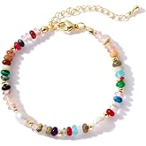 Colorful Beaded Bracelets for Women Boho Natural Stone Freshwater Pearl Beaded Bracelet 14K Gold Plated Adjustable Stackable Dainty Beaded Bracelet Handmade Summer Jewelry