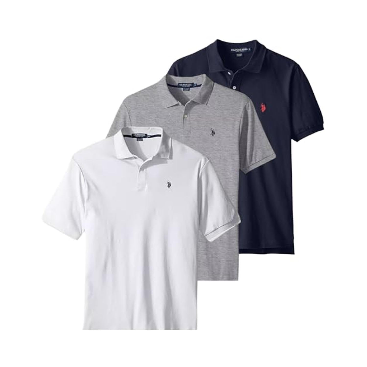 Photo 1 of U.S. Polo Assn. 3 Pack Men's Classic Fit Short Sleeve Pique Polo T Shirt, Cotton Golf Shirt for Men, HGry/Wht/Clnv, XL
